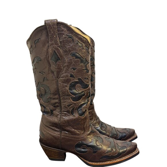 Corral Western Leather Boots Brown Black Overlay Size 8 - Picture 5 of 10